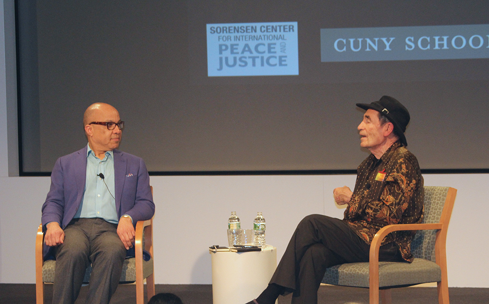 Darren Walker and Albie Sachs on stage in conversation