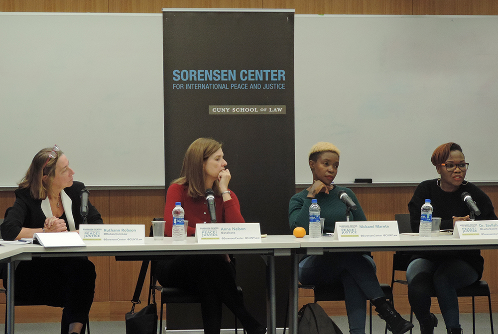 Ruthann Robinson, Anne Nelson, Mukami Marete, and Stellah Bosire speaking on a panel